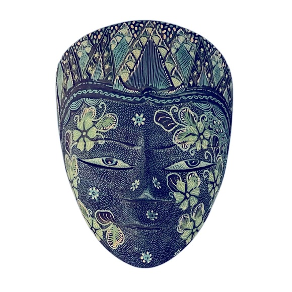 Hand Painted Carved Artisan Batik Wood Intricate Floral Mask Wall Folk Art
